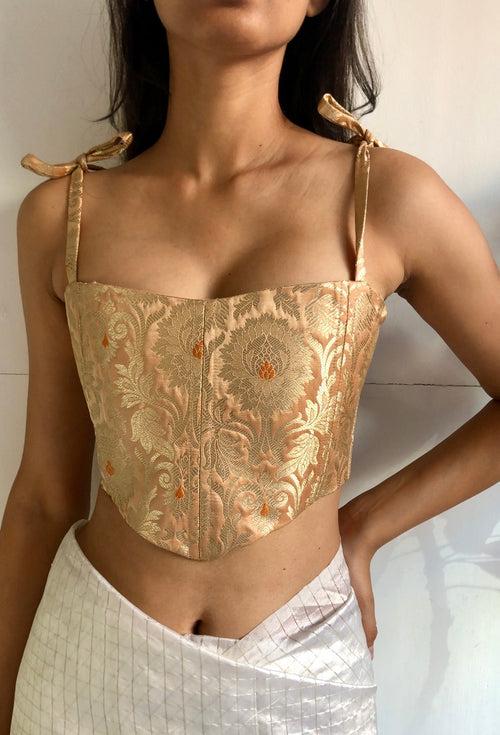 Peach Brocade Tie-up Corset