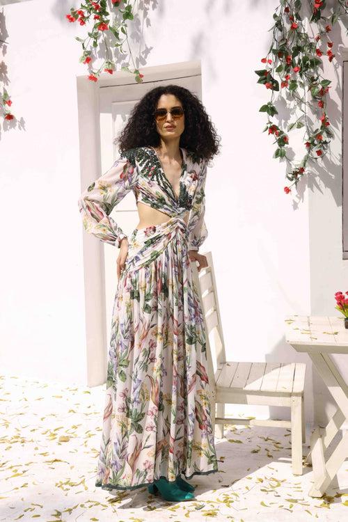 White Multicolour Waist Cut Out Maxi Dress