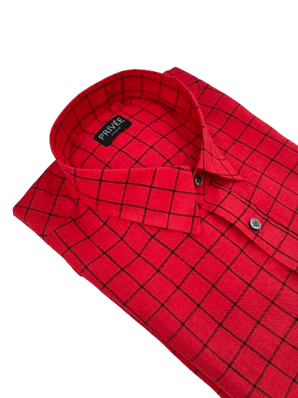 Red Check Linen Shirt (Half Sleeves)