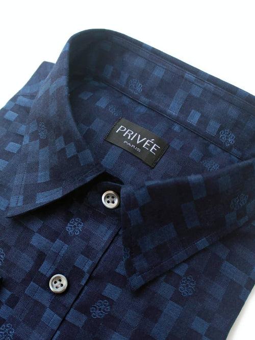 Navy Blue Checkered Designer Shirt