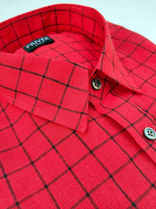 Red Check Linen Shirt (Half Sleeves)