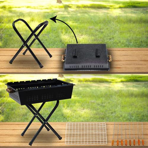 Foldable Charcoal Barbeque Grill Set With 8 Skewers & Charcoal Tray (Sleek Black) Criss Cross Stand BBQ Grill