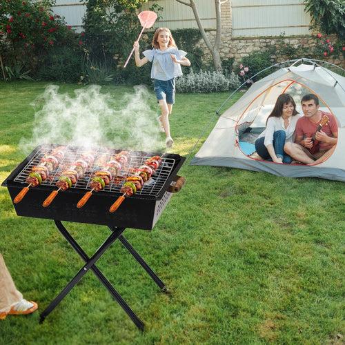 Foldable Charcoal Barbeque Grill Set With 8 Skewers & Charcoal Tray (Sleek Black) Criss Cross Stand BBQ Grill