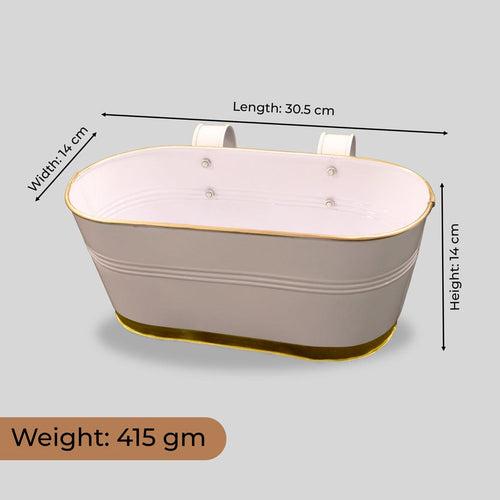 TrustBasket 12 inches Railing Planters for Balcony, outdoor oval metal plant pots for railing, pack of 6 (White & Gold colour)