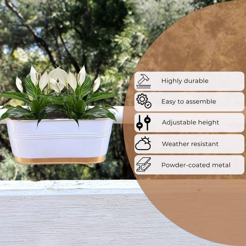 TrustBasket 12 inches Railing Planters for Balcony, outdoor oval metal plant pots for railing, pack of 6 (White & Gold colour)