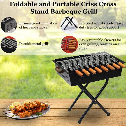 Foldable Charcoal Barbeque Grill Set With 8 Skewers & Charcoal Tray (Sleek Black) Criss Cross Stand BBQ Grill