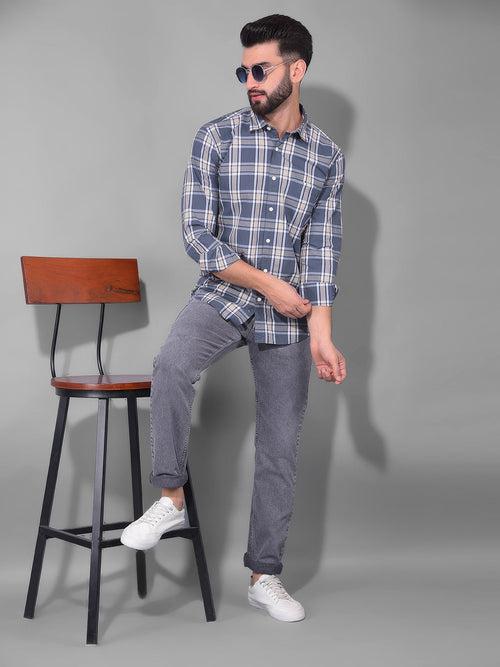 COBB DARK GREY CHECKED SLIM FIT CASUAL SHIRT