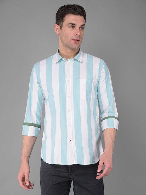 COBB WHITE SEAFOAM GREEN STRIPED SLIM FIT CASUAL SHIRT