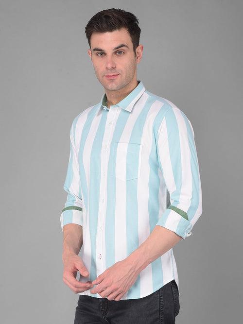 COBB WHITE SEAFOAM GREEN STRIPED SLIM FIT CASUAL SHIRT