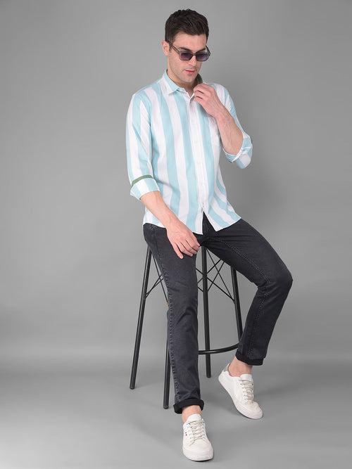 COBB WHITE SEAFOAM GREEN STRIPED SLIM FIT CASUAL SHIRT