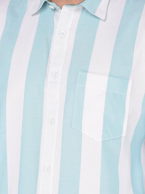 COBB WHITE SEAFOAM GREEN STRIPED SLIM FIT CASUAL SHIRT