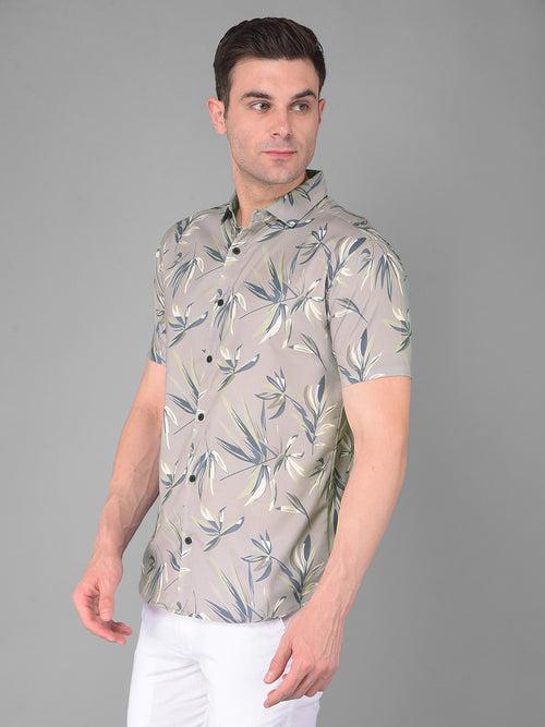 COBB SAGE GREEN PRINTED HALF-SLEEVE SLIM FIT CASUAL SHIRT