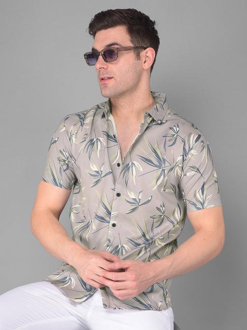 COBB SAGE GREEN PRINTED HALF-SLEEVE SLIM FIT CASUAL SHIRT