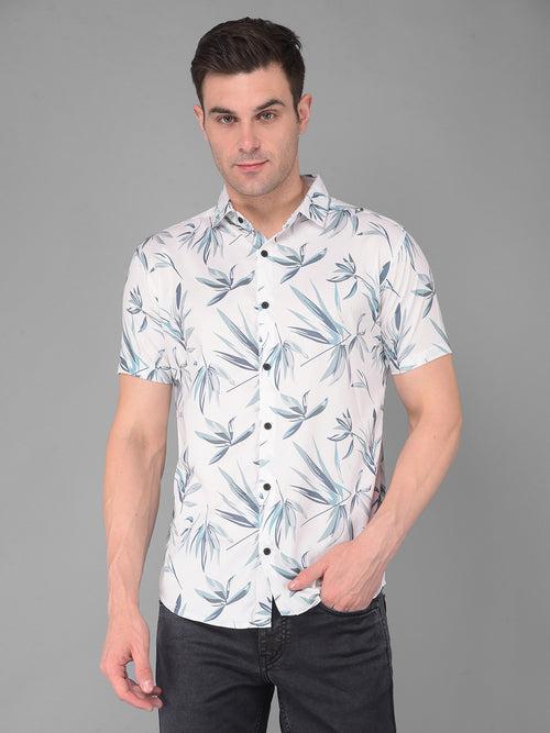 COBB WHITE PRINTED HALF-SLEEVE SLIM FIT CASUAL SHIRT