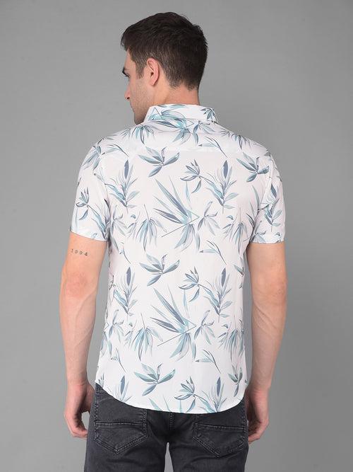 COBB WHITE PRINTED HALF-SLEEVE SLIM FIT CASUAL SHIRT