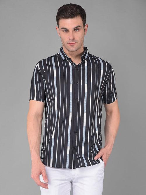 COBB BLACK STRIPED HALF-SLEEVE SLIM FIT CASUAL SHIRT