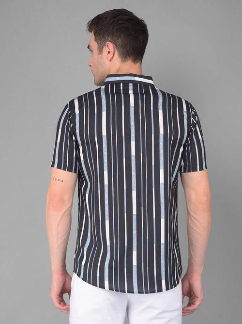 COBB BLACK STRIPED HALF-SLEEVE SLIM FIT CASUAL SHIRT