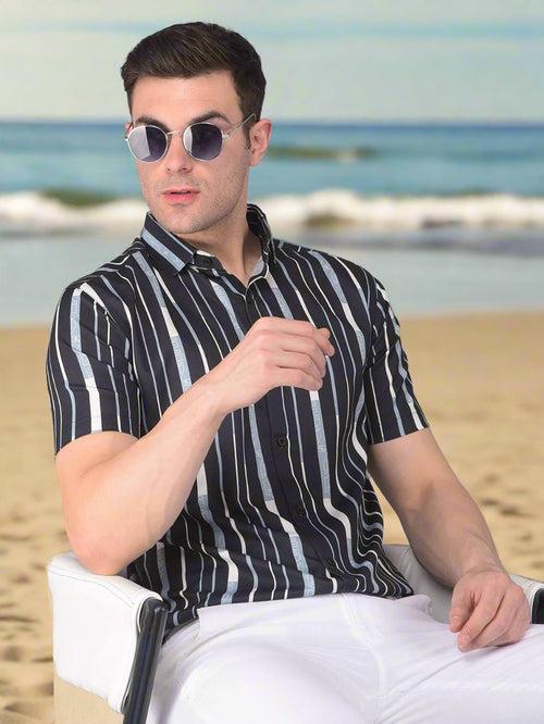 COBB BLACK STRIPED HALF-SLEEVE SLIM FIT CASUAL SHIRT