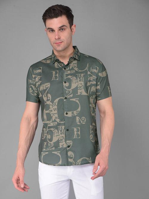 COBB GREEN PRINTED HALF-SLEEVE SLIM FIT CASUAL SHIRT