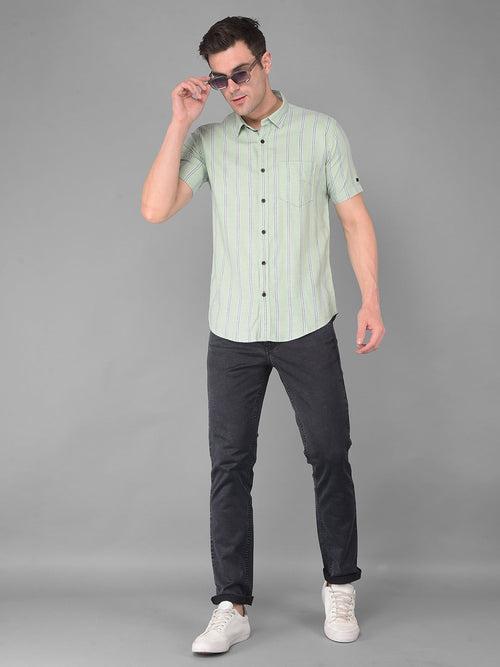 COBB PISTA GREEN STRIPED HALF-SLEEVE SLIM FIT CASUAL SHIRT