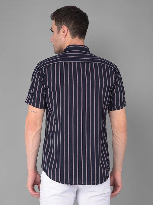 COBB NAVY BLUE STRIPED HALF-SLEEVE SLIM FIT CASUAL SHIRT