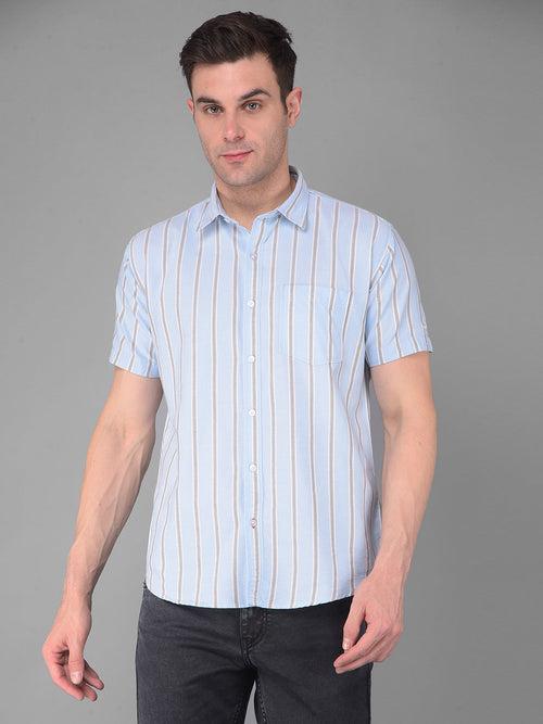 COBB SKY BLUE STRIPED HALF-SLEEVE SLIM FIT CASUAL SHIRT