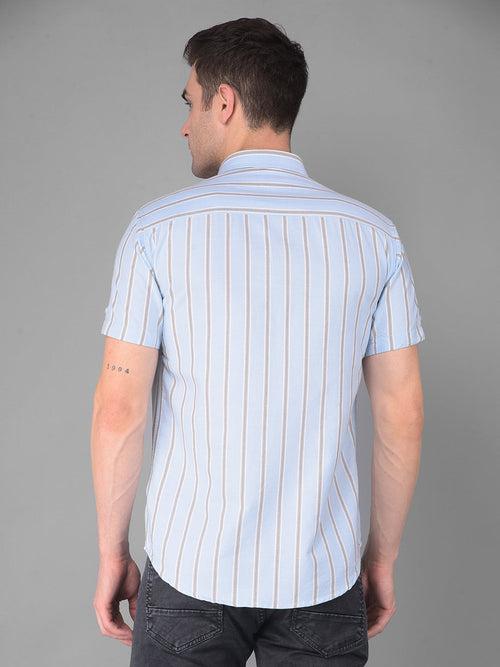 COBB SKY BLUE STRIPED HALF-SLEEVE SLIM FIT CASUAL SHIRT