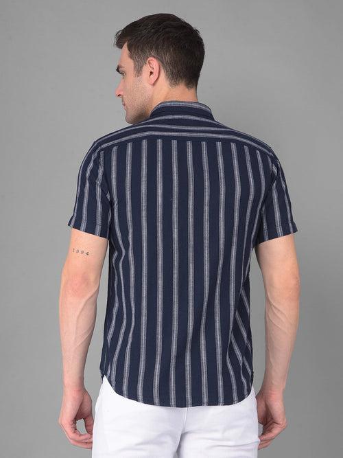 COBB NAVY STRIPED HALF-SLEEVE SLIM FIT CASUAL SHIRT