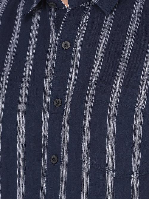 COBB NAVY STRIPED HALF-SLEEVE SLIM FIT CASUAL SHIRT