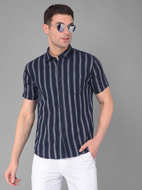 COBB NAVY STRIPED HALF-SLEEVE SLIM FIT CASUAL SHIRT