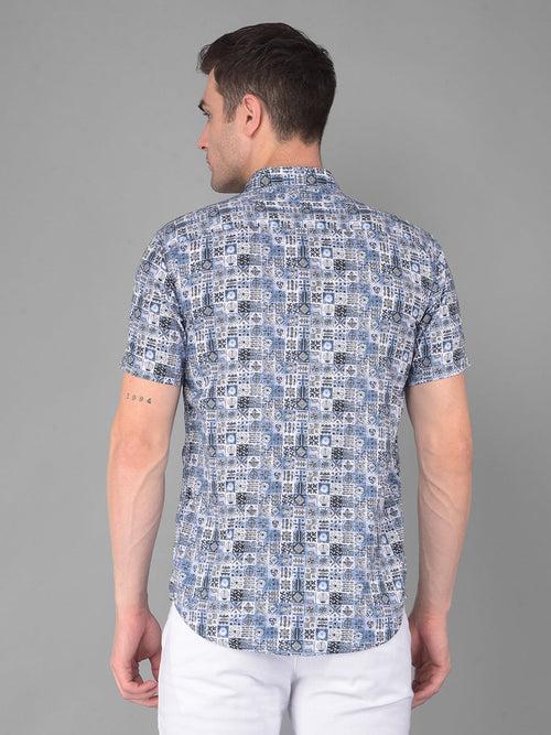 COBB BLUE PRINTED HALF-SLEEVE SLIM FIT CASUAL SHIRT