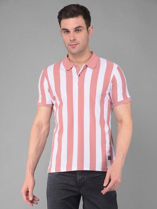 COBB DESERT CORAL WHITE STRIPED POLO NECK T-SHIRT