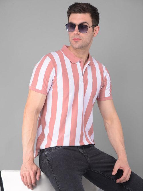 COBB DESERT CORAL WHITE STRIPED POLO NECK T-SHIRT