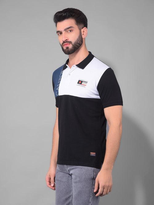 COBB BLACK WHITE COLOURBLOCK POLO NECK T-SHIRT