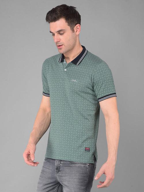 COBB GREEN PRINTED POLO NECK T-SHIRT