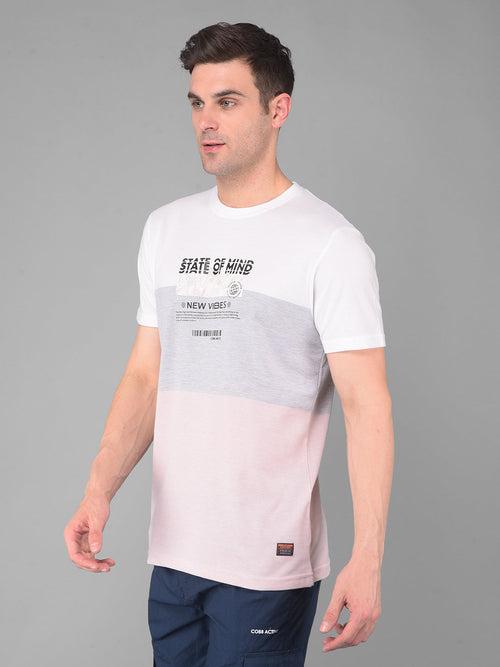 COBB PINK WHITE COLOURBLOCK ROUND NECK T-SHIRT