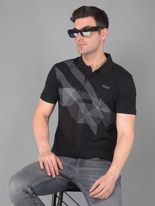 COBB BLACK PRINTED POLO NECK T-SHIRT