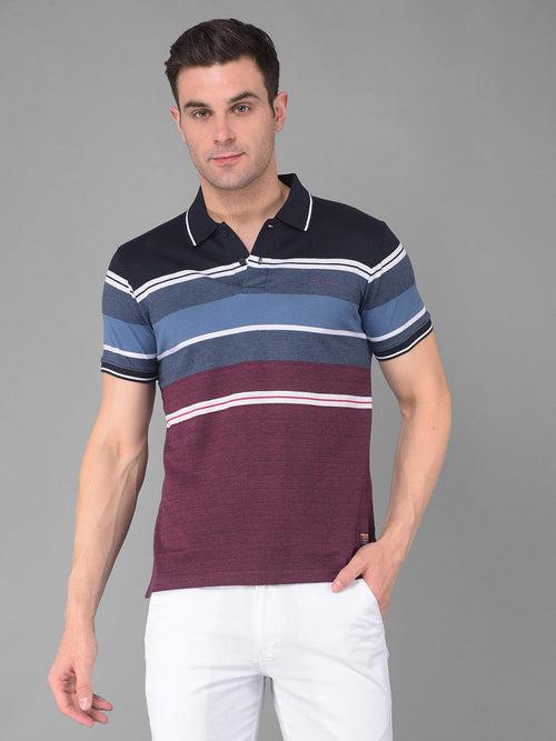 COBB NAVY YALE BLUE STRIPED POLO NECK T-SHIRT