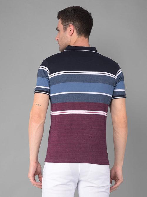 COBB NAVY YALE BLUE STRIPED POLO NECK T-SHIRT