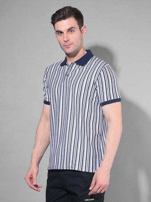 COBB NAVY WHITE STRIPED POLO NECK T-SHIRT