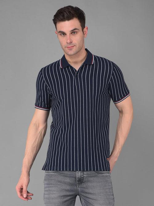 COBB NAVY BLUE STRIPED POLO NECK T-SHIRT