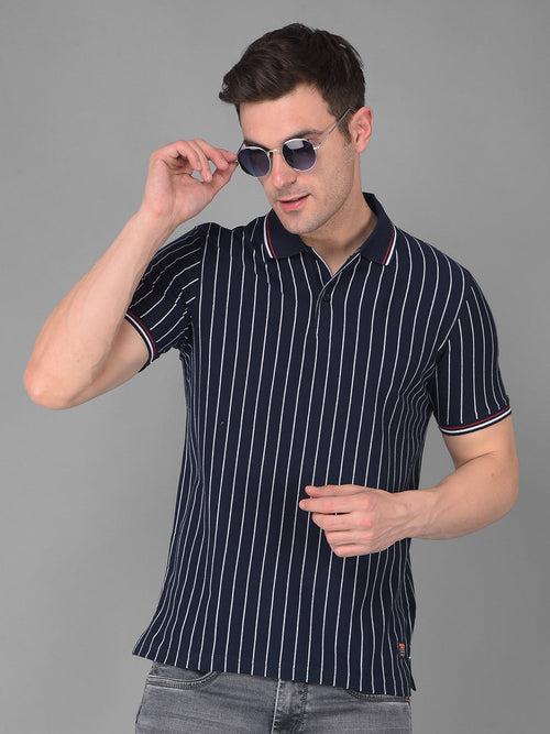 COBB NAVY BLUE STRIPED POLO NECK T-SHIRT