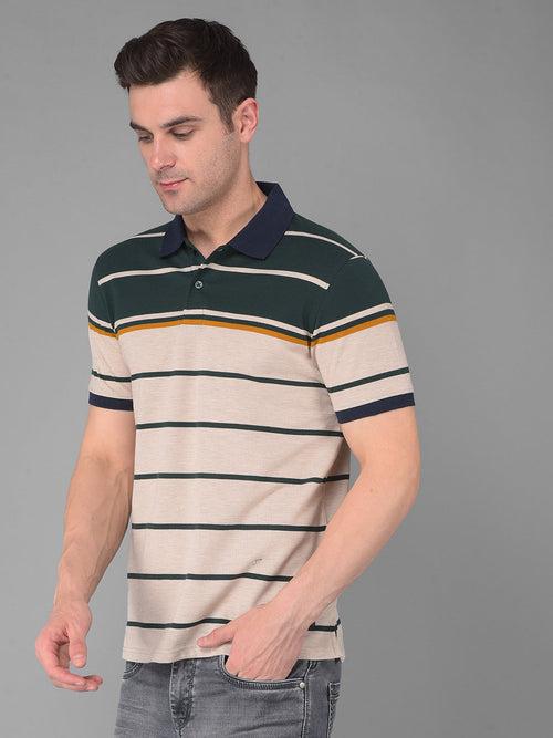 COBB ALMOND GREEN STRIPED POLO NECK T-SHIRT