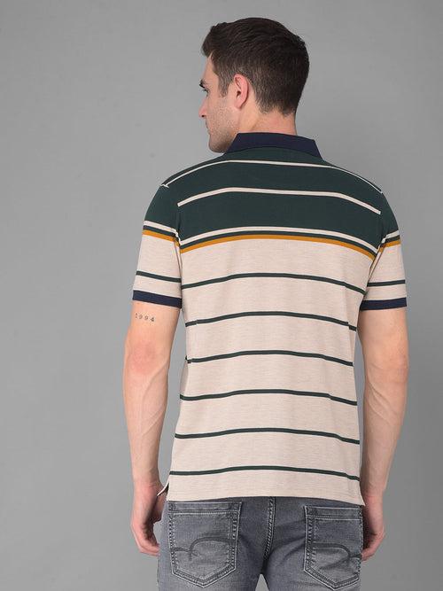 COBB ALMOND GREEN STRIPED POLO NECK T-SHIRT