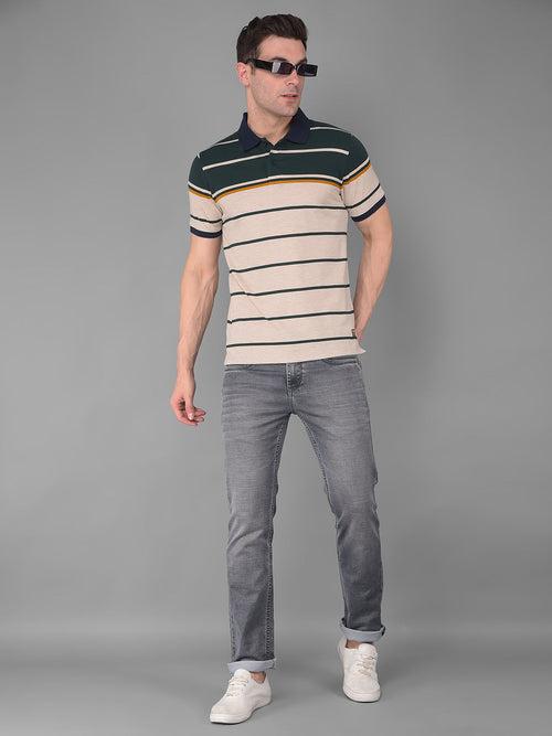 COBB ALMOND GREEN STRIPED POLO NECK T-SHIRT