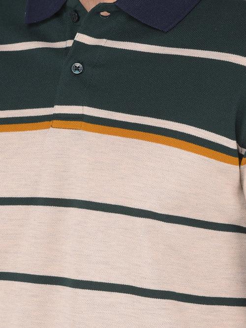 COBB ALMOND GREEN STRIPED POLO NECK T-SHIRT