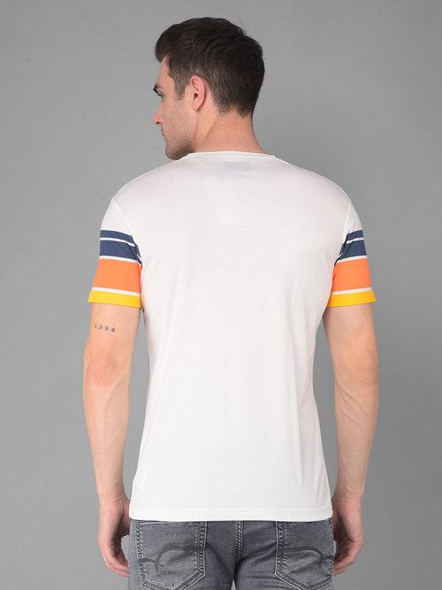 COBB WHITE STRIPED ROUND NECK T-SHIRT