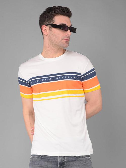 COBB WHITE STRIPED ROUND NECK T-SHIRT