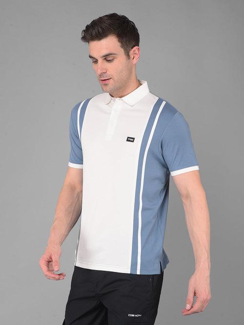 COBB BLUE WHITE COLOURBLOCK POLO NECK T-SHIRT