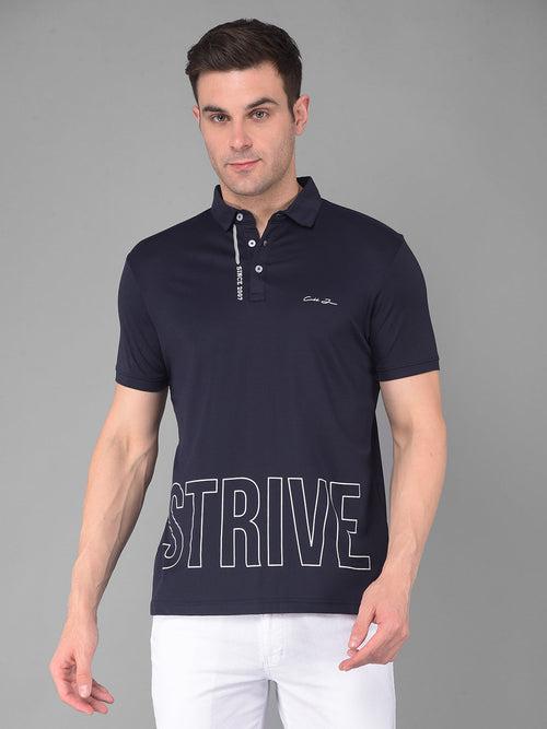 COBB NAVY BLUE PRINTED POLO NECK T-SHIRT